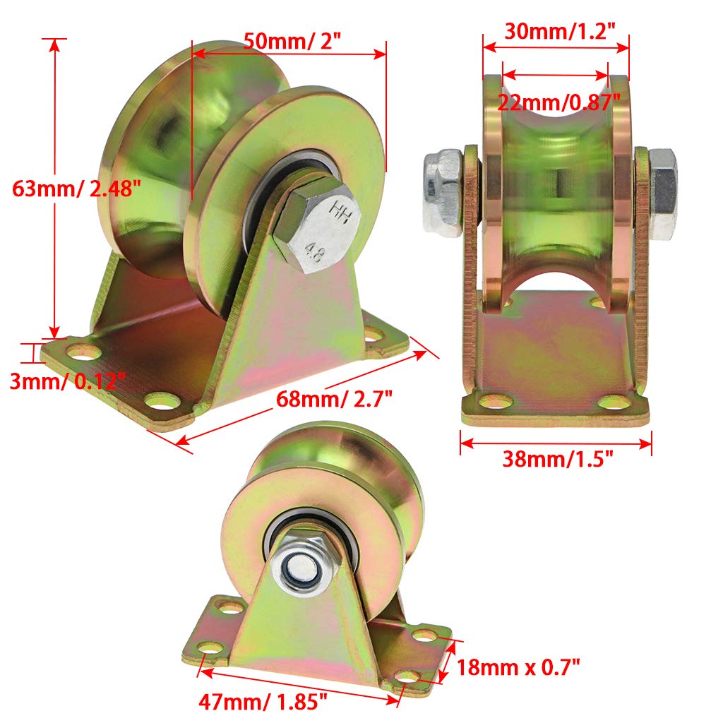 Skelang 4 Pcs 2" U-Type Groove Wheel Heavy Duty Rigid Caster with Bracket for 3/4" Round Tube Track, Rolling Gate, Industrial Machines, Wire Rope Rail, Loading Capacity 660 Lbs