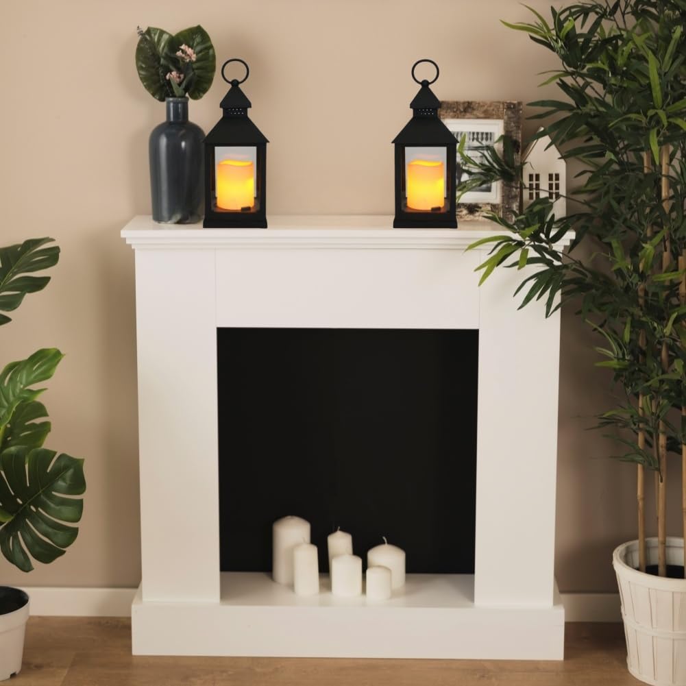 2 Pack 10.2” Candle Lanterns Decorative Indoor Hanging Lanterns with Warm Flickering LED Candle 6 Hours Timer,Black Battery Powered Candle Lantern Table Centerpiece Mantle Shelf Home Decor