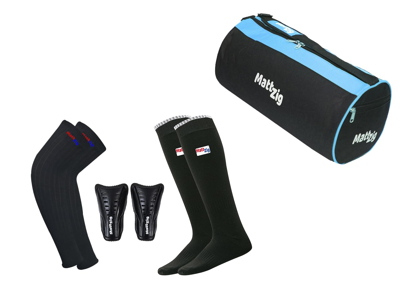 MattZig® Club Football Kit (One Pair of Knee Length Poplin Socks + One Pair of Shin Guard + One Pair of Cotton Arm Sleeves + One Kit Bag) (Black, Blue) (B0D35WY76M) Amazon Price History, Amazon Price Tracker
