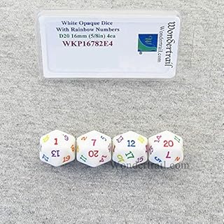 White Opaque Dice with Rainbow Color Numbers D20 16mm (5/8in) Pack of 4 Wondertrail