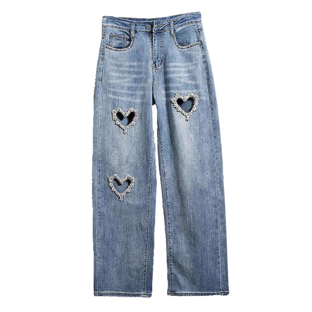 Rhinestone Jeans for Women High Waist Wide Leg Heart Cut Out Bling Sparkly Glitter Jeans