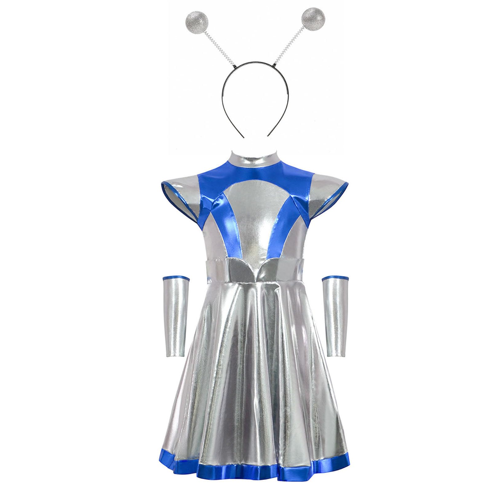 Flodxo Girl Fancy Dress Costume Alien Cosplay Metallic A-Line Dress with Alien Hiar Hoop Robot Dress Up Outfits Casual Funny Novelty Party Performance Kids Dresses Blue 7-8Y