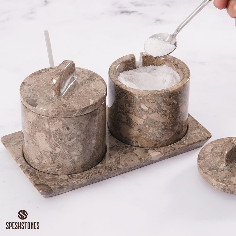 SPESHSTONES Marmor Salzkeller 10,2 cm Salzdose mit Deckel, Tischsalzbehälter für die Arbeitsplatte, Salzschale, Salzhalter, Gewürzdosen, Zuckerdose, Würzmittelbehälter Set von 2, Salzspender