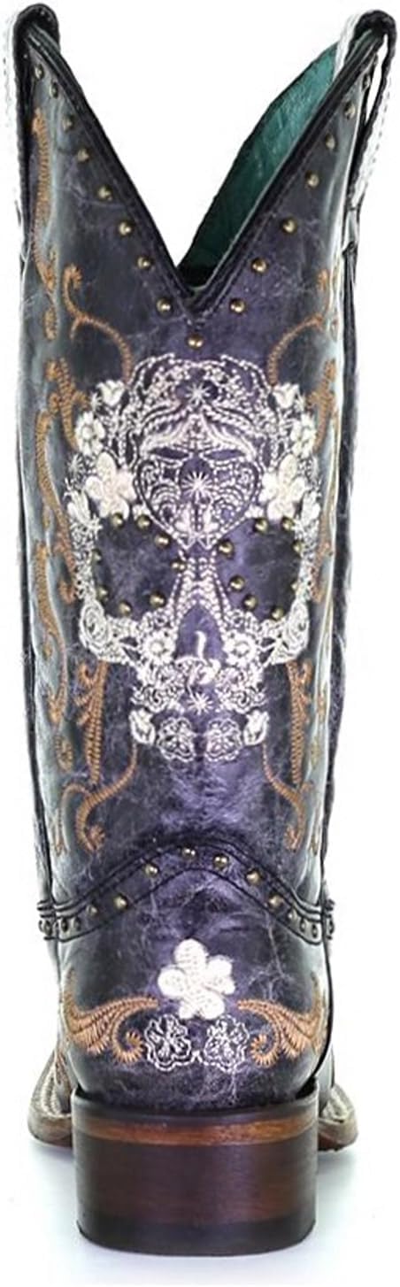 Corral Boots Women's Black and White Floral Sugar Skull Embroidery & Studs Square Toe Mid-Calf Leather Western Cowboy Boots