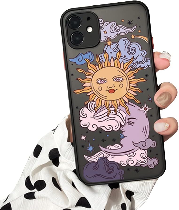 Ownest Compatible with iPhone 11 Case for Clear Frosted PC Back 3D Sun Moon Cartoons Girls Woman and Soft TPU Bumper Silicone Slim Case for iPhone 11-Black