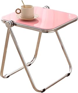 Moderna mesa de centro plegable de acrílico con marco de metal resistente, mesa auxiliar pequeña para sala de estar, dormitorio, baño, balcón, opción de color rosa