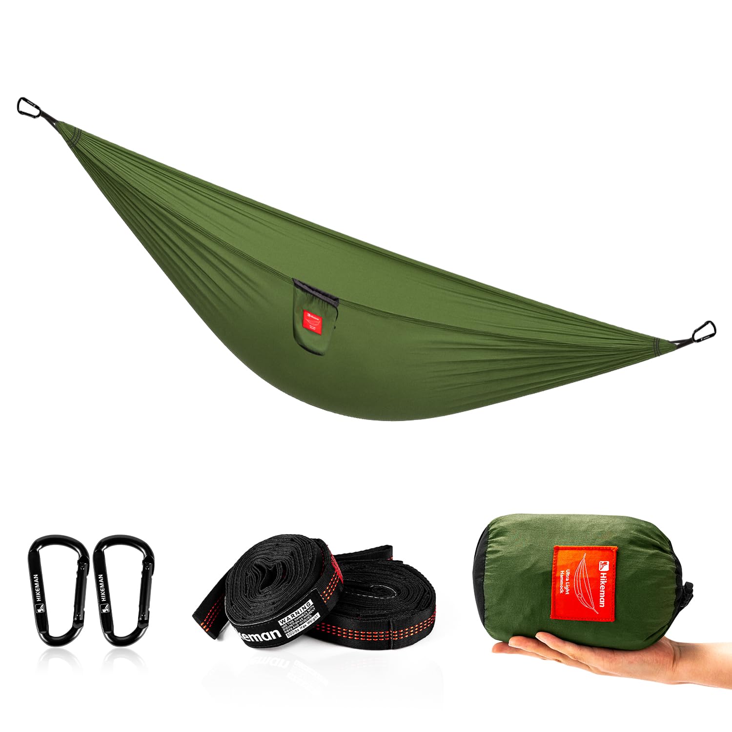 HIKEMAN Hamac pour camping, équipement pour l'extérieur, la randonnée, la survie ou les voyages – Portable en nylon léger – Jusqu'à 200 kg (vert kaki)