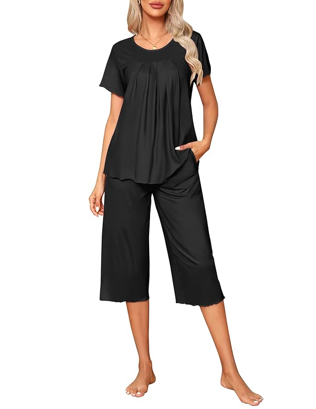 Ekouaer Pajama Set for Women 2 Piece Capri Pants Short Sleeve Top Sleepwear Soft Pjs Loungewear with Pockets