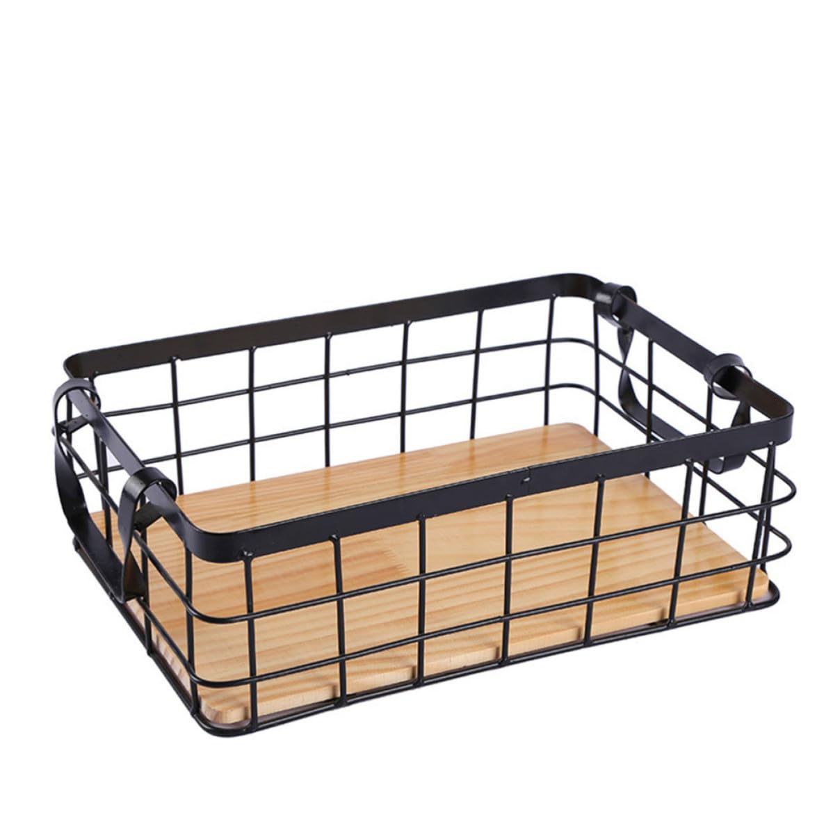 Operitacx Cesta de Hierro y Madera de Almacenamiento Rectangular Diseño Simple para Organizar Frutas y Snacks Color Negro en Cocina o Escritorio