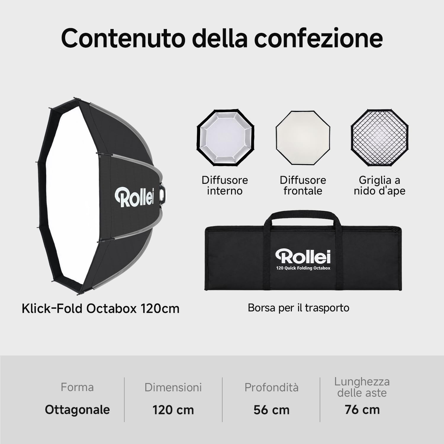 Rollei Quick Fold Octabox Softbox 95cm Diametro con Griglia/Diffusore/Borsa