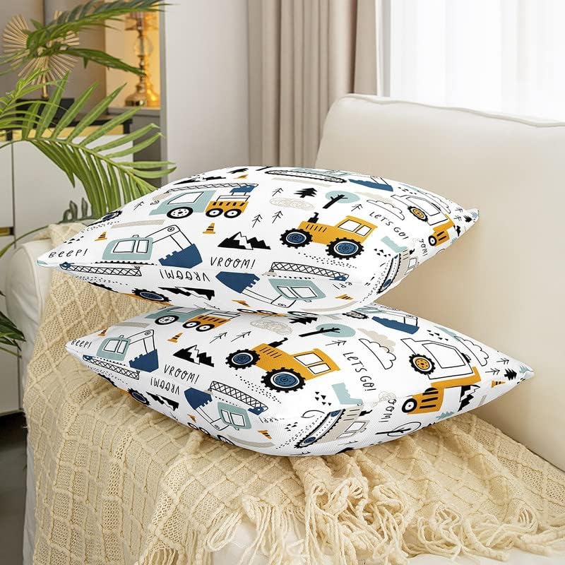 Miniatura 3 de Juego de 2 fundas de cojín de construcción para sofá, cama, con equipo de dibujos animados, camiones, fundas de cojín decorativas, fundas de cojín