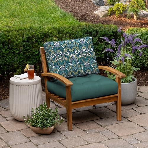 Image of Arden Reversible Outdoor Plush Modern Tufted Blowfill Deep Seat Set, 24 x 24, Water Repellent, Fade Resistant, Deep Seat Bottom and Back Cushion for Chair /Sofa, Sapphire Aurora Blue Damask
