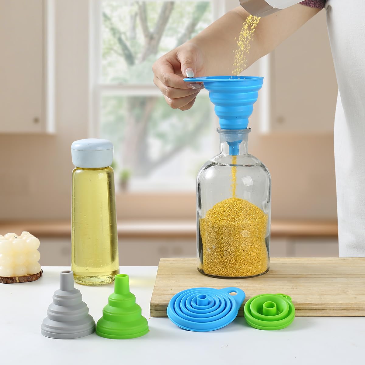 6 Pack Silicone Collapsible Funnels for Kitchen Use Filling Bottles, 3 Small and 3 Large Food Grade Kitchen Funnel Set for Filling Water, Oil, Spices, Powder – Silicone Funnels with Hook for Storage