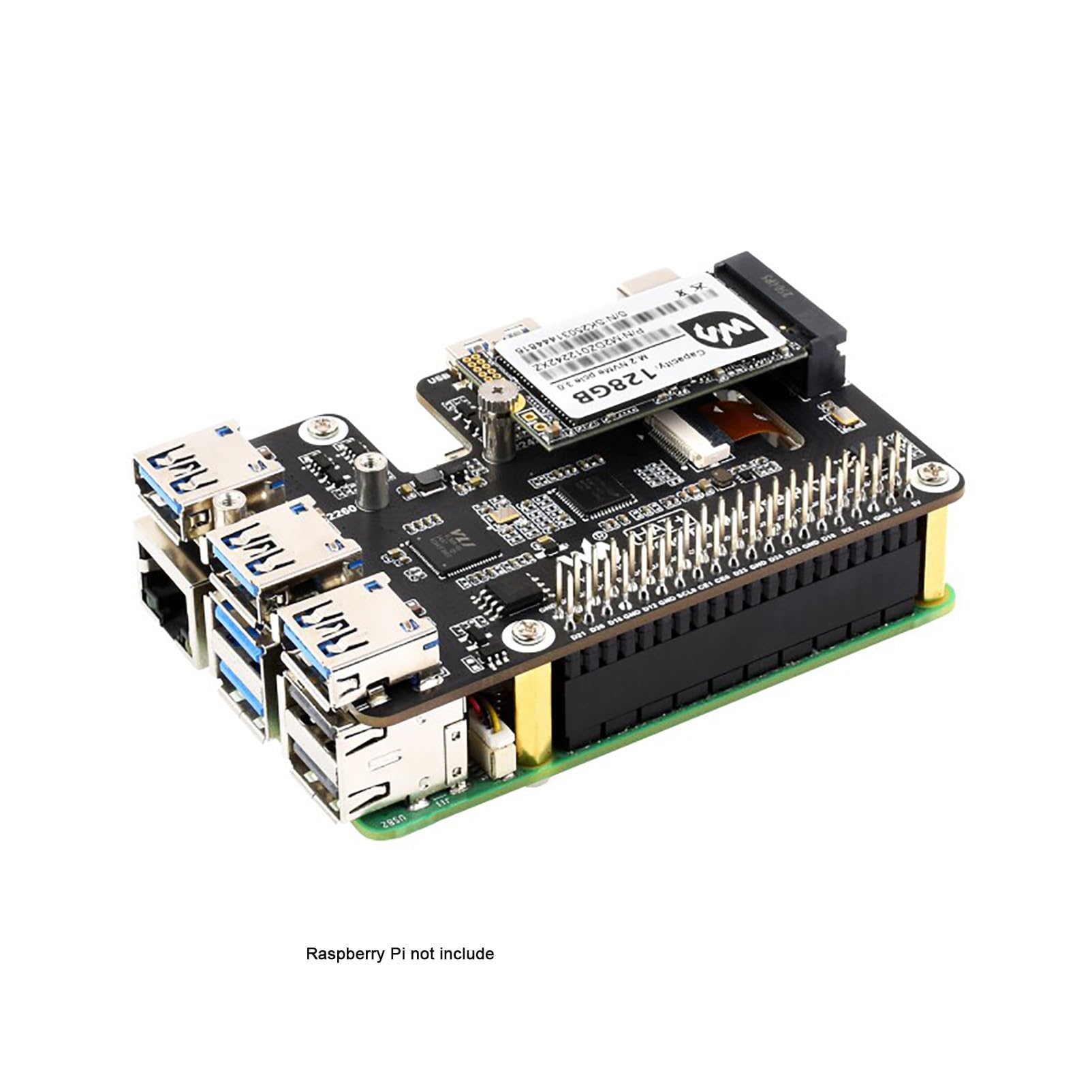 PCIe to USB 3.2 Gen1 and M.2 NVMe HAT+ for Raspberry Pi 5, Supports 2230–2280 NVMe SSD, 4× USB 3.2 Ports Expansion, Bootable NVMe, Plug and Play PCIe Adapter Board