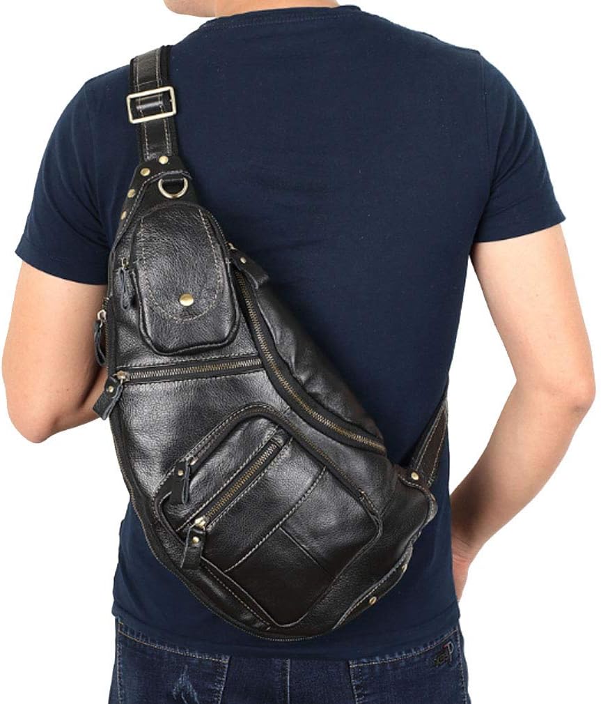 Hebetag Vinatge Leather Sling Bag Crossbody Backpack for Men Travel Outdoor Hiking Large Cool Shoulder Chest Pack Bags Daypack