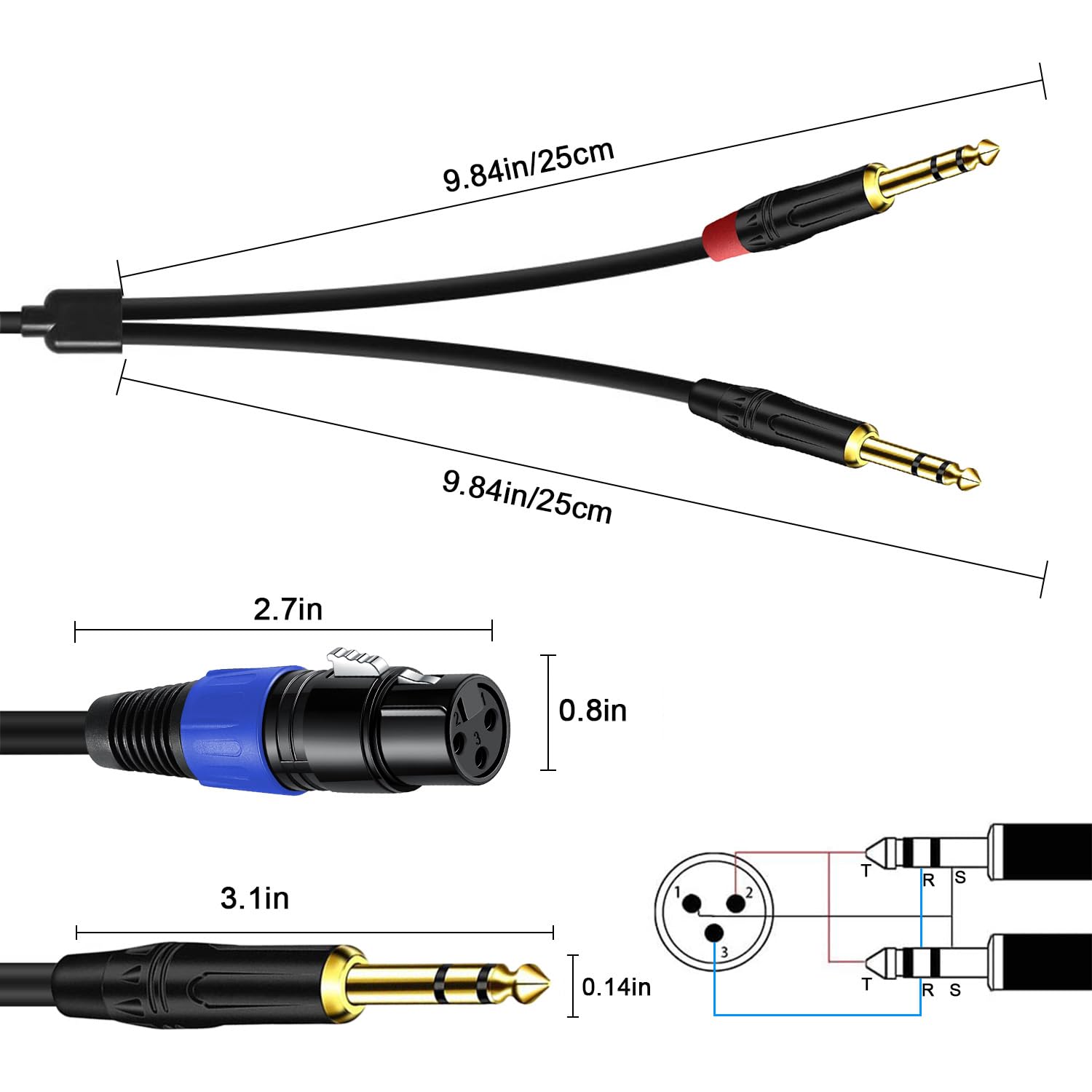 2Pack 6.35mm Dual TRS to XLR Female Cable for Microphone, Mixer, Amplifier, 1.5 FT, Dual 1/4 Male to XLR Audio Cable, Y Splitter Patch Cord, 3-PinXLR to Dual 1/4 TRS Male Converter Adapter Cable - Image 5