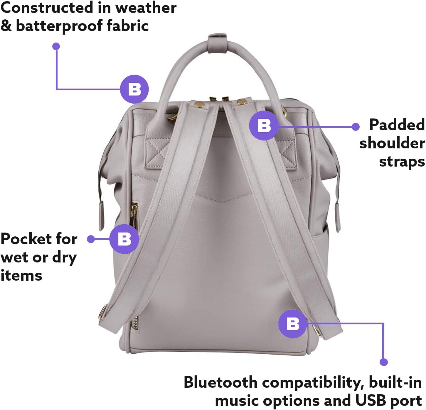 baba bing | Mani Large Baby Changing Bag with Adjustable Shoulder Straps | Multifunction Vegan Leather Baby Backpack with Detachable Changing Mat | Blush Grey