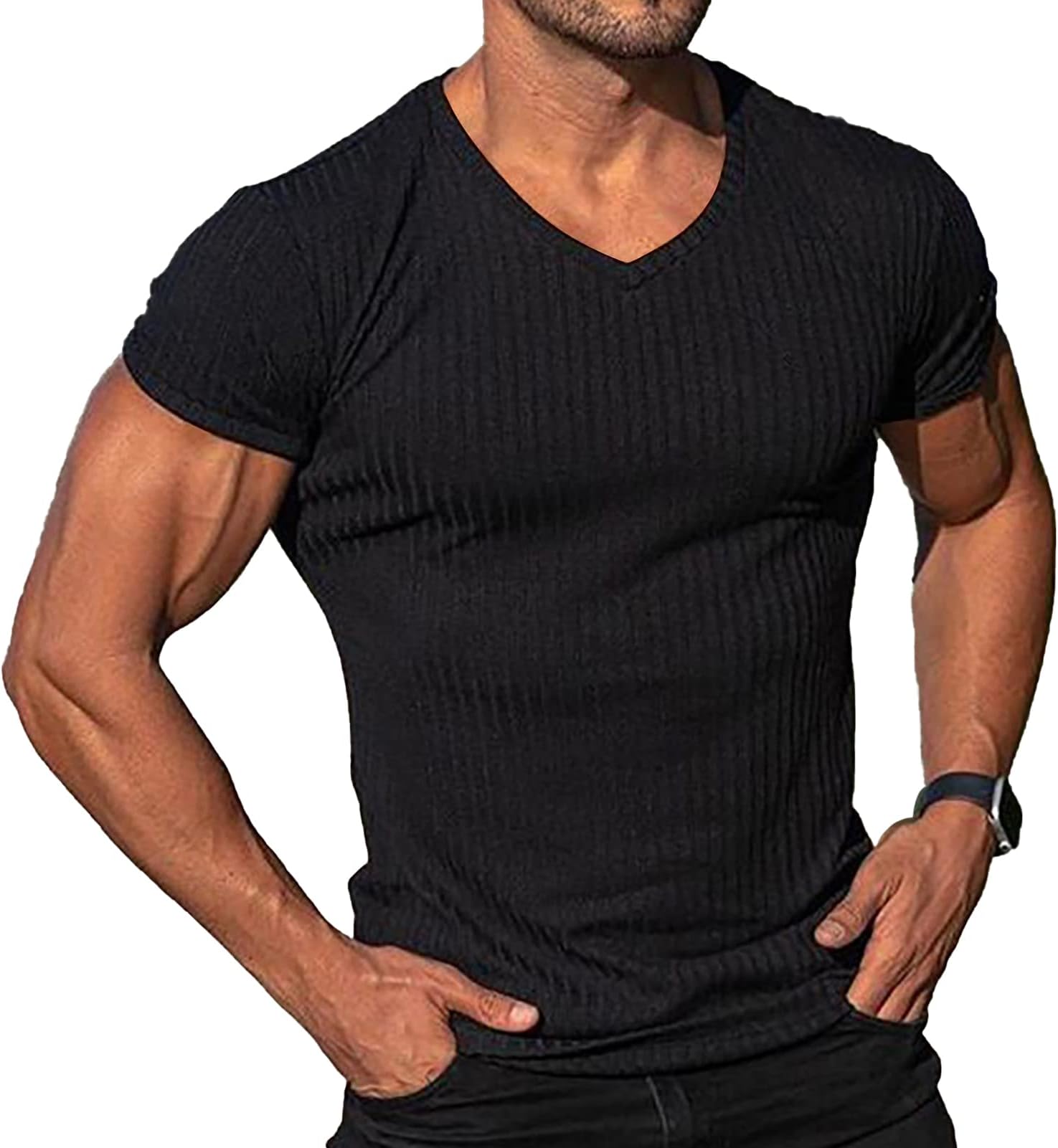 Men's Fashion Athletic T Shirt Workout Muscle Shirts V-Neck Solid Color Tee Shirt Top