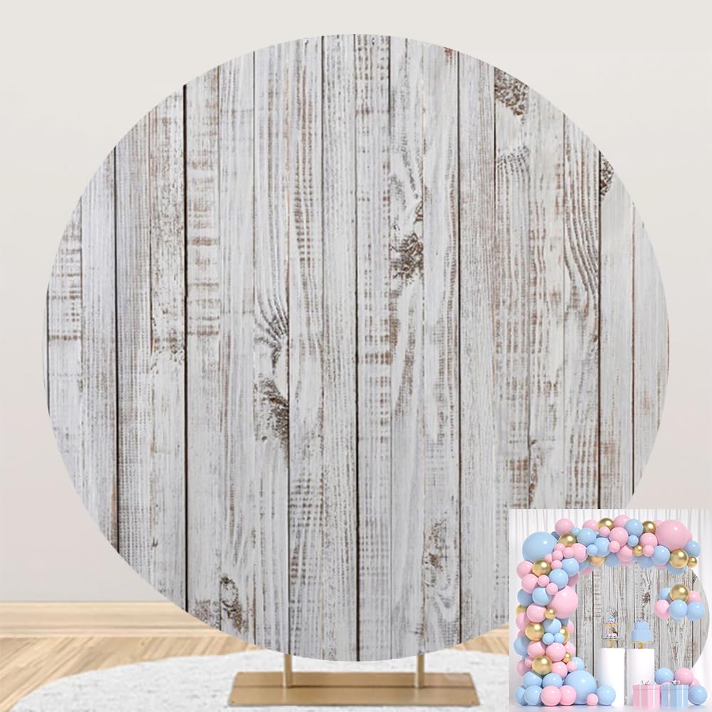 Leowefowa 7.2x7.2ft Polyester Vintage Wood Round Backdrop Retro Rustic Gray Wooden Background Bridal Baby Shower Birthday Wedding Anniversary Party