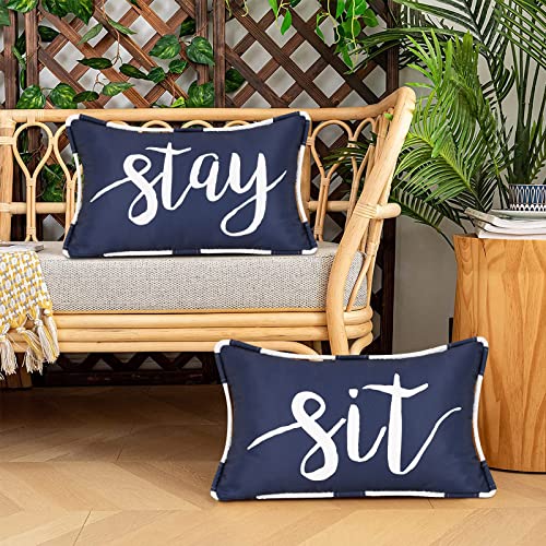 Outdoor Pillow Covers 12 X 20 Inch, Waterproof Blue Lumbar Throw Pillows For Patio Porch Furniture Couch, Navy Decorative Cushion Cover, Spring Summer Pillow Cases For Sofa Chair Garden, Set Of 2 #TOP3