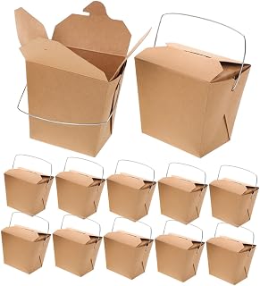 STOBAZA 50pcs Khaki Paper Takeout Food Boxes with Handle Xmas 26oz | Iron Wire Handle, Compact Carry Design, for Catering, Office Lunches, Fried Rice