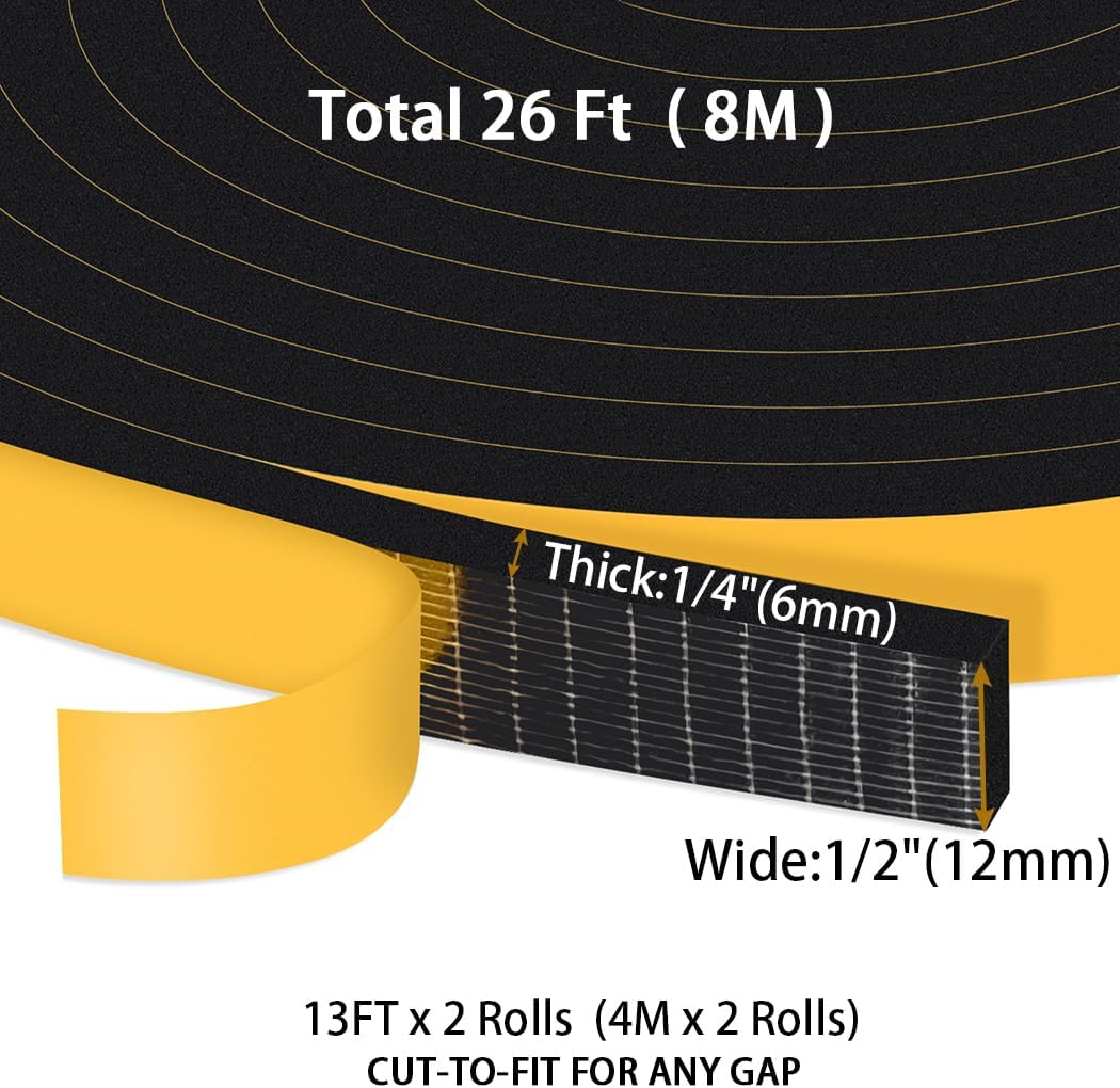 Foam Weather Stripping Door Seal Strip 1/2" x 1/4", Strong Adhesive High Density Foam Tape, Energy Saving, Weatherproof, Soundproof Insulation for Doors and Windows, Black