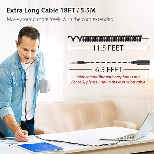 Miniatura 3 de Avantree HF027 - Auriculares de cable largo para TV y PC, cable de extensión de 18 pies con micrófono y cable de bobina de resorte extralargo,
