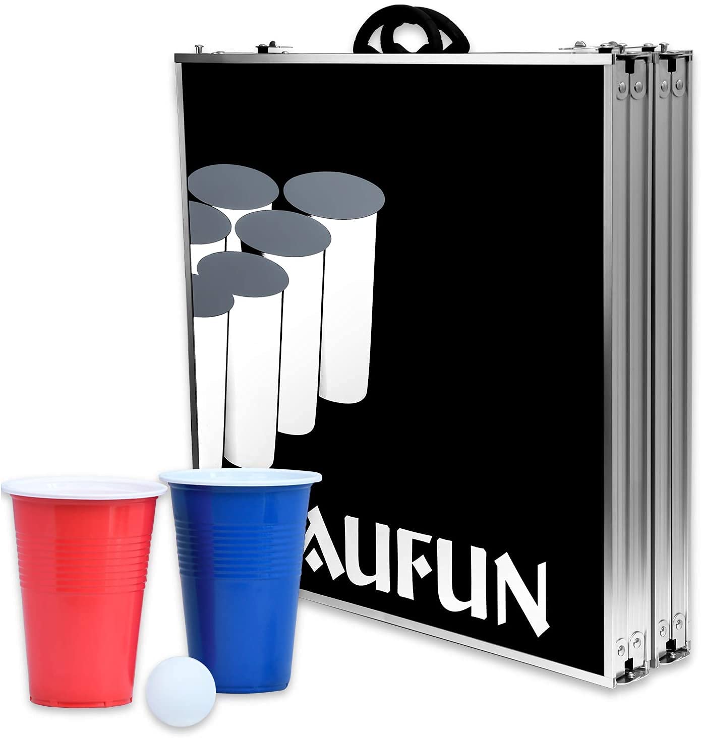 NW Beer Pong składany stół wraz z 100 kubkami (50 czerwonych i 50 niebieskich), 5 piłek, stół do ponga piwnego z regulacją wysokości, do gier imprezowych, gier do picia