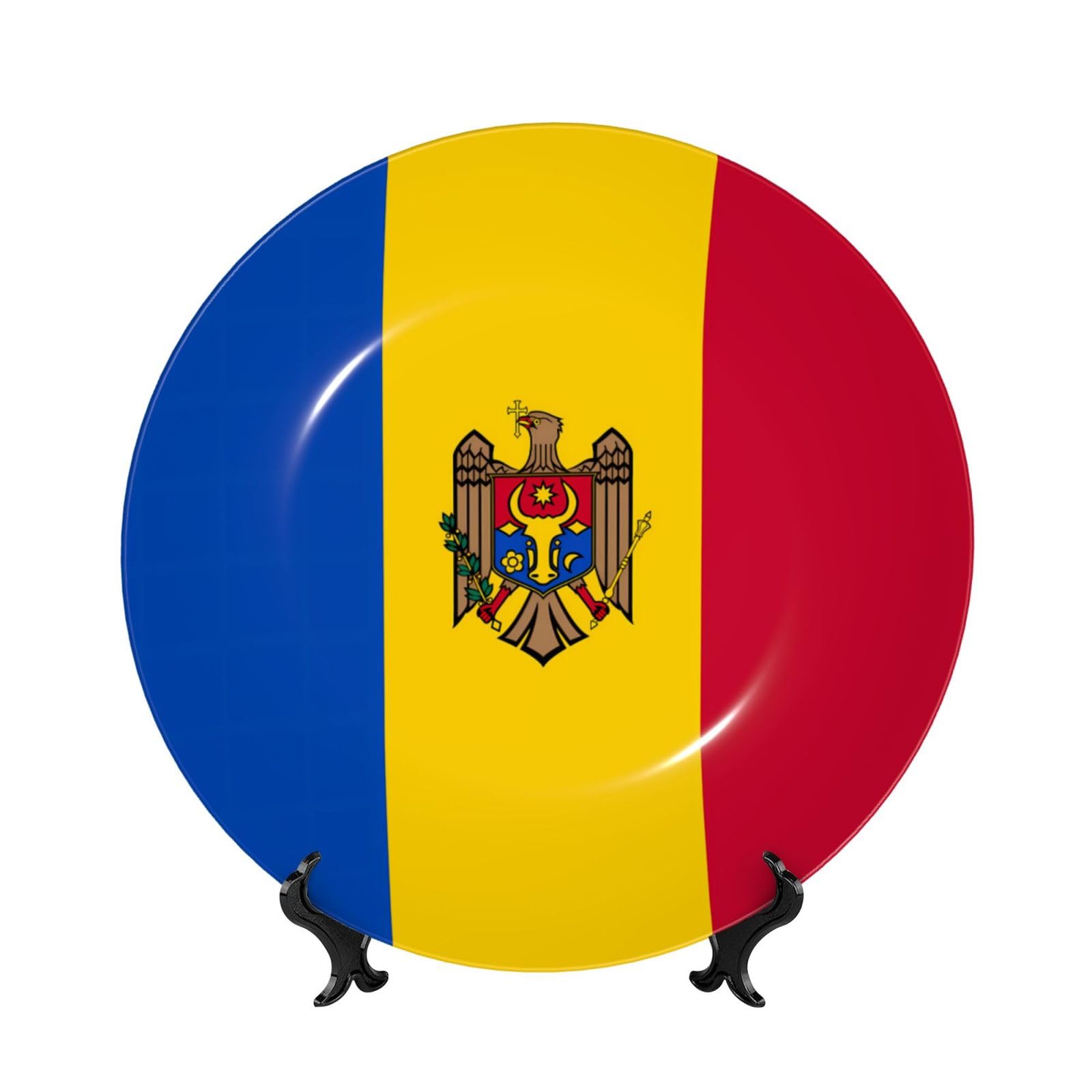 SXZVVBN Flag of Moldova Bone China Decorative Plate Art with Stand Removable Adhesive Hanging for Home Office 6in（15cm）