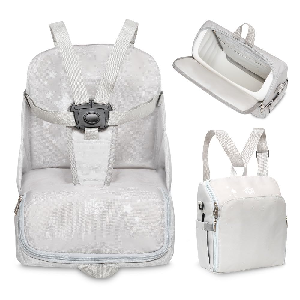 Interbaby - Chaise haute d'appoint portable pour bébé - Siège bébé - Convertible en sac à dos ou en sac - Pliable, léger et avec poignée réglable pour le transport - Étoiles grises