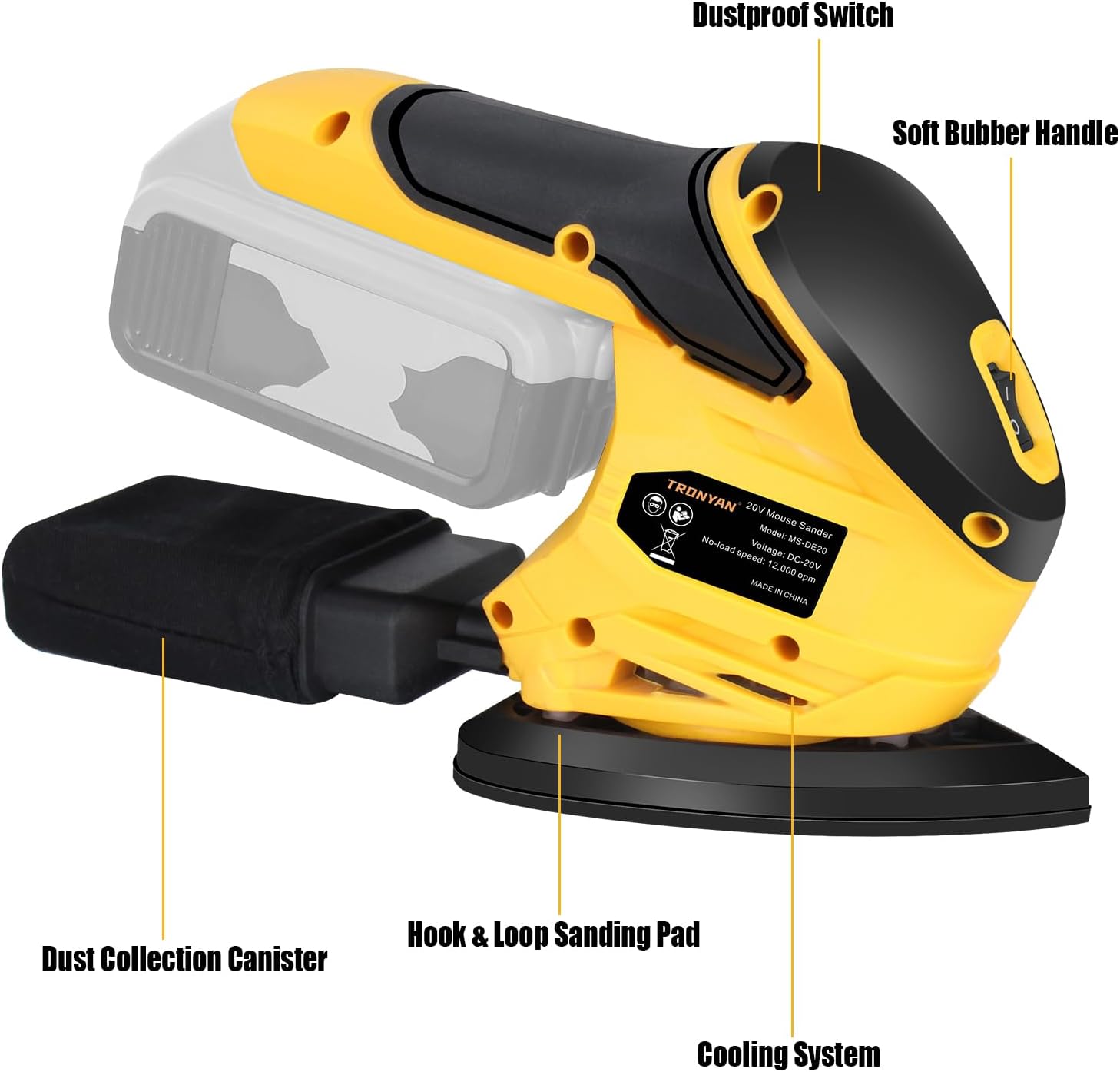 Cordless Detail Sander Compatible with DeWalt 20V Max Battery (Tool Only), 12,000 OPM, 10Pcs Sandpapers, Dust Bag for Woodworking, Tight Spaces Sanding, Polishing, Removing Paint (No Battery) - Image 5