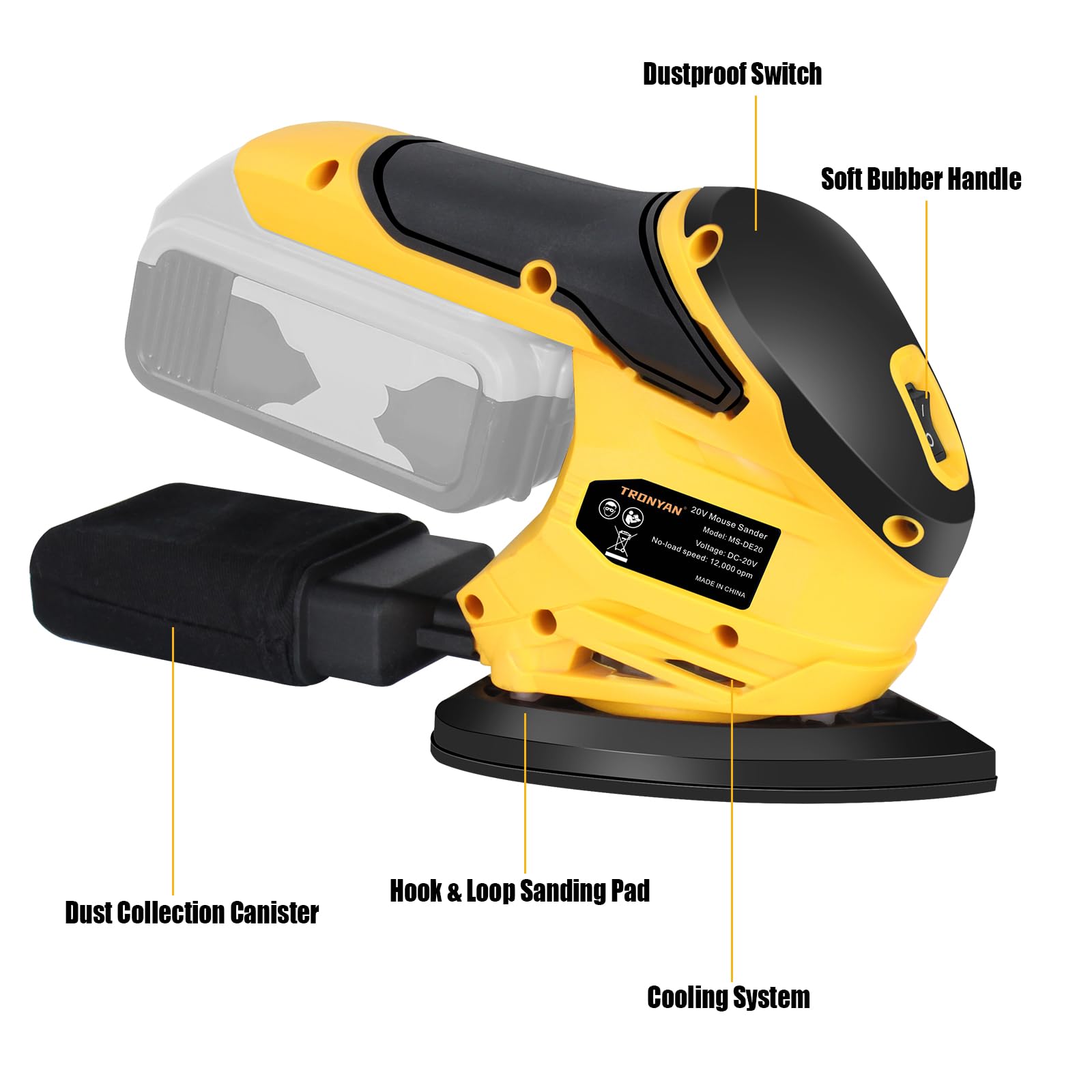 Lijadora de detalles inalámbrica compatible con batería DeWalt de 20 V máx. (solo herramienta), 12.000 OPM, 10 papeles de lija, bolsa de polvo para carpintería, espacios reducidos, lijado, pulido