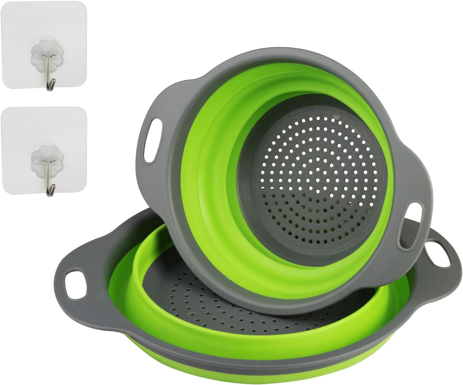 2 Pack Foldable Silicone Filter Baskets ZoomSky Collapsible Colander Set Kitchen Strainer Washing up Bowl with 2 Pcs Hanging Hooks for Draining Fruit Vegetable Pasta