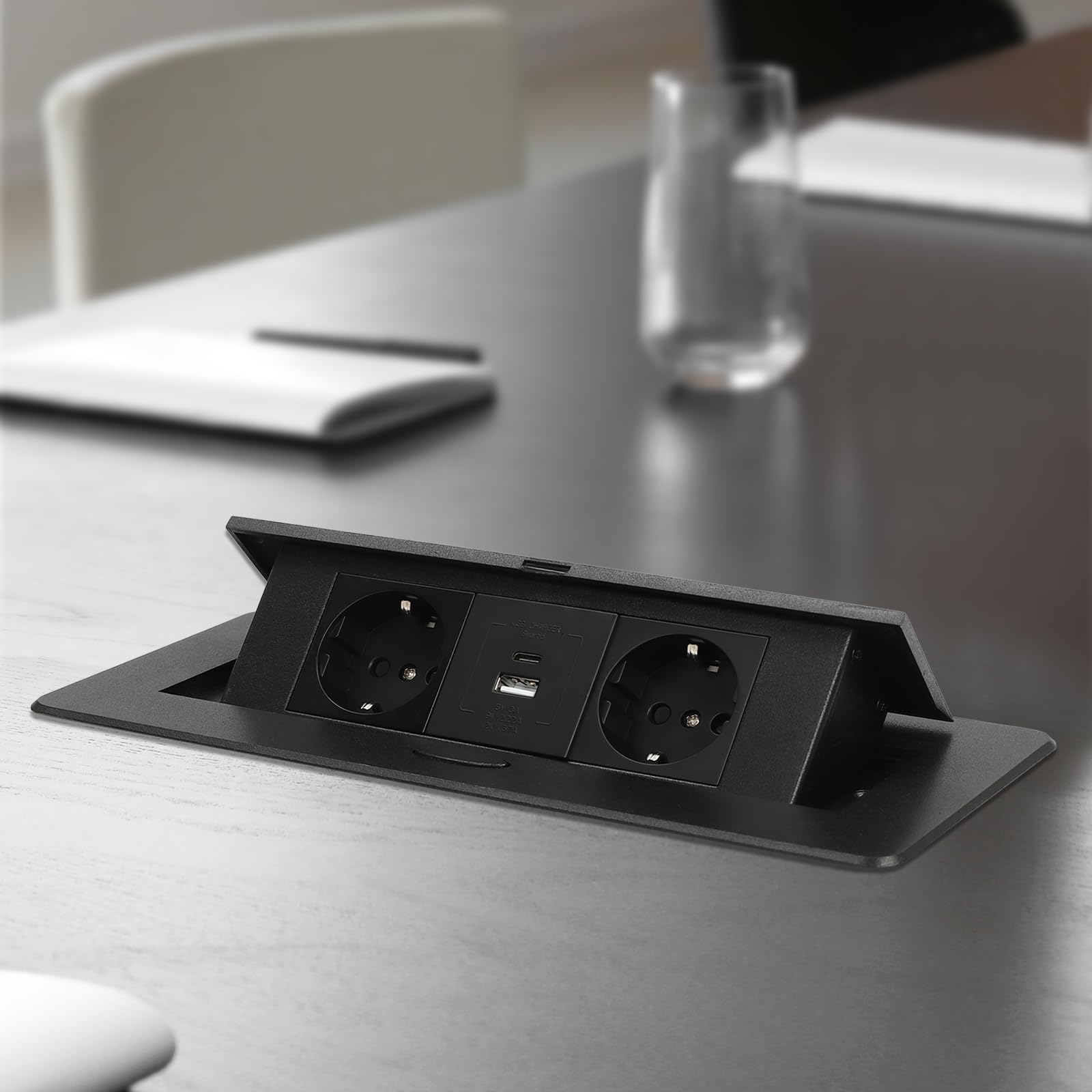 26,6 x 11,8 x 0,3 cm, wpuszczane gniazdko na biurko, wpuszczane gniazdko do zabudowy, szybkie ładowanie przez USB, oszczędność miejsca, do blatu roboczego, biura, czarne