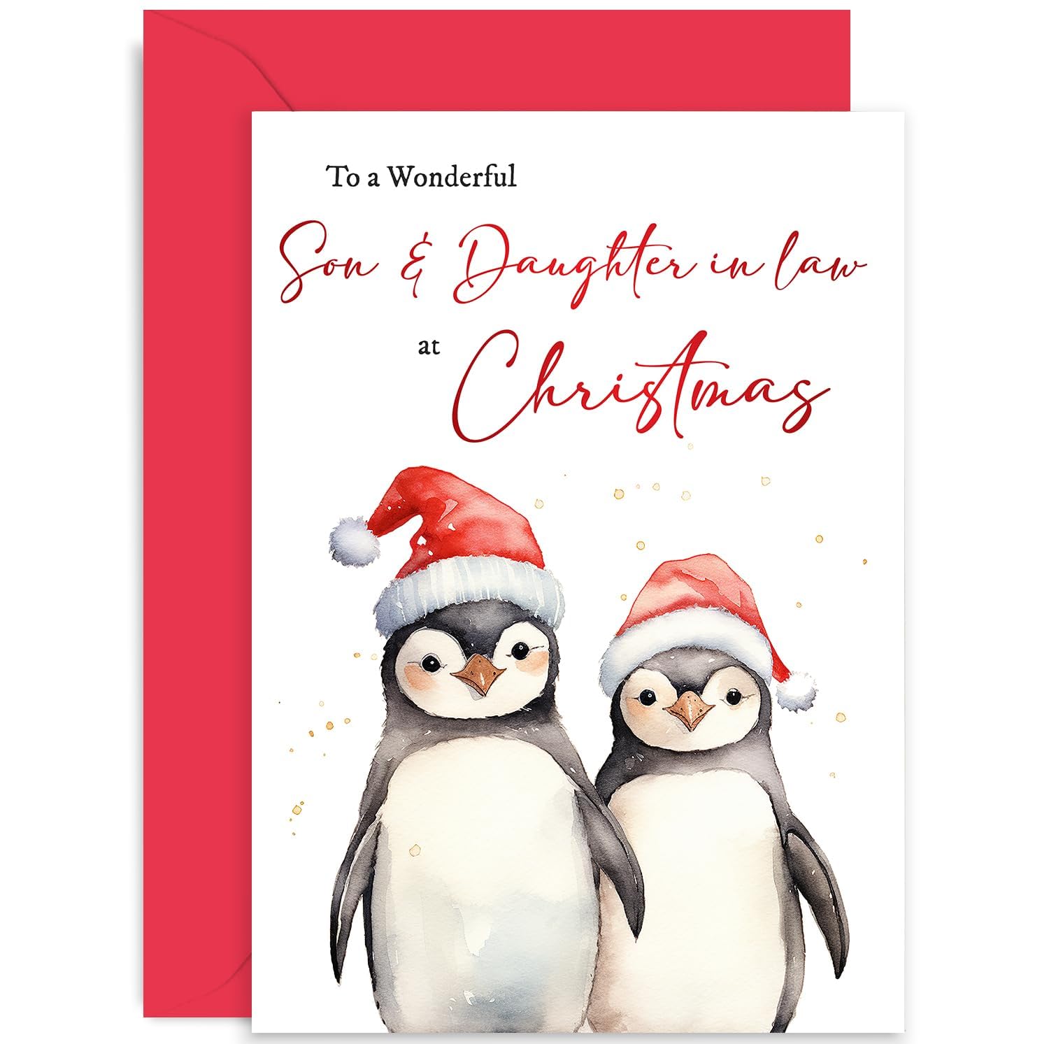 Son and Daughter in Law Christmas Card - Penguin Couple Christmas Card for Family - Luxury Happy Xmas Cards - Contemporary Festive Cards for Them