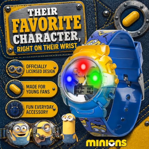 Image of Minions Kids Watch - Flashing Dial Lights, LCD Display, Adjustable Comfortable Strap, Collectible Tin - Perfect for Boys and Girls