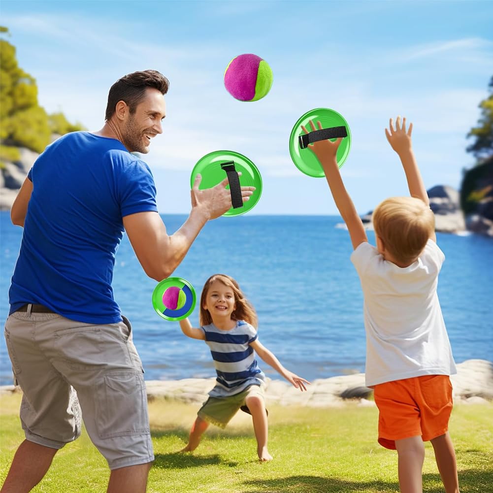 Klettballspiel Wurfspiel Kinder, Klettball Strandspielzeug mit 2 Fangscheiben + 2 Bällen für Kinderspiele Wurfspiel Garten Ballspiel, Sandspielzeug ab 3 Jahre, Outdoor Spiele für Kinder Erwachsene