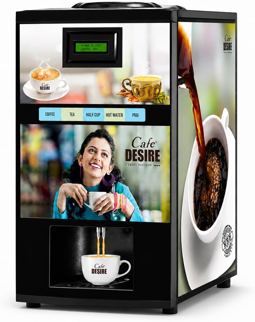 Cafe DESIRE I DRINK SUCCESS Coffee Machine 2 Lane Regular | Fully Automatic Tea & Coffee Vending Machine | For Offices, Shops | Make 2 Varieties Of Coffee Tea With Premix | No Milk Required - VM20
