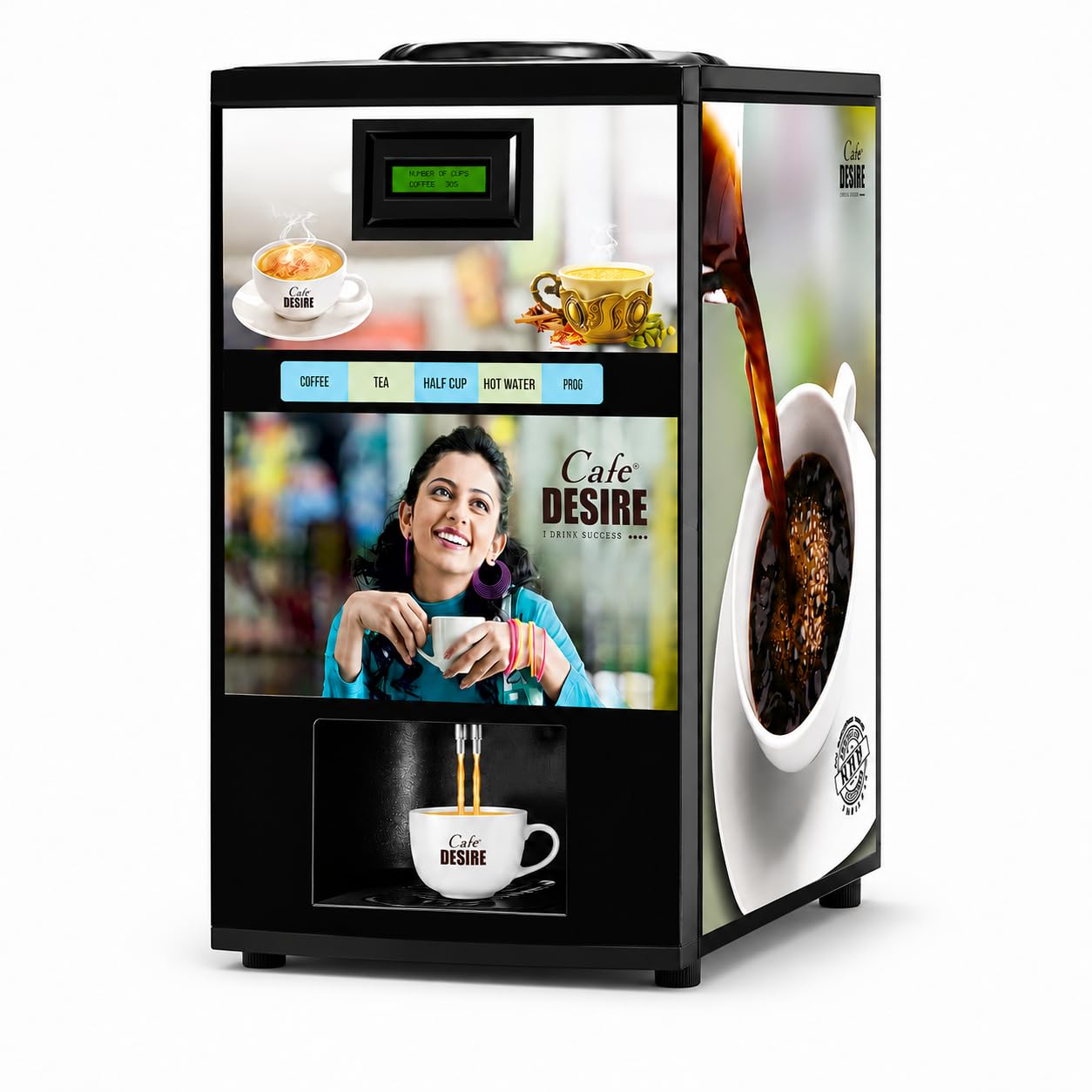 Cafe DESIRE I DRINK SUCCESS Coffee Machine 2 Lane | Fully Automatic Tea & Coffee Vending Machine | For Offices, Shops | Make 2 Varieties Of Coffee Tea With Premix | No Milk Required-image-0