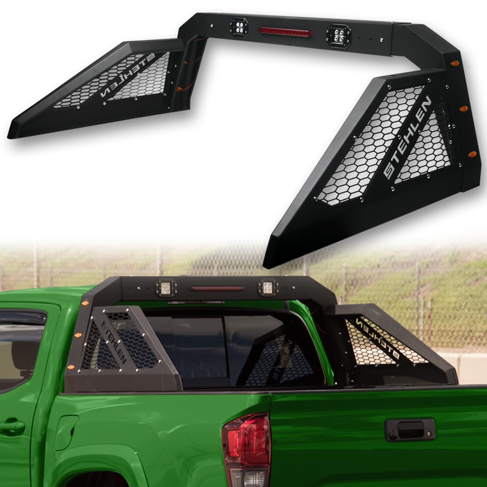 TLAPS 7422438487414 Universal Compatible with Pickup Truck Matte Black Adjustable Chase Rack with 3rd Third Brake Light & 2X LED Work Lamps Bars & 6X Amber Side Marker
