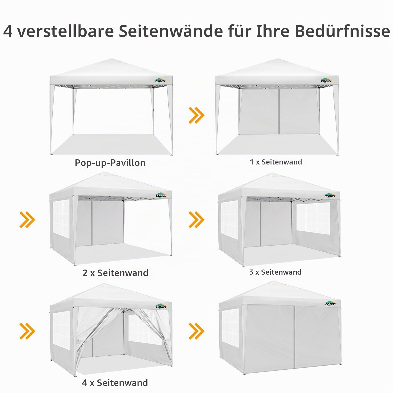 COBIZI Faltpavillon 3x3 Wasserdicht Stabil Pop Up Pavillon Faltbar 3x3 mit 4 Seitenwnden | Wasserdicht | UV-Schutz 50+ | Gartenpavillon Partyzelt für Garten Party Markt Picknick | inkl. Tasche(Weiß)