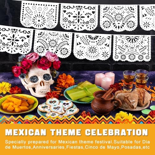 Image of 6 Pack White Papel Picado Banner Mexican Party Banner Wedding Fiesta Party Dia De Los Muertos Cinco De Mayo Mexico Decoration,Papel Picado Mexicano para Decor
