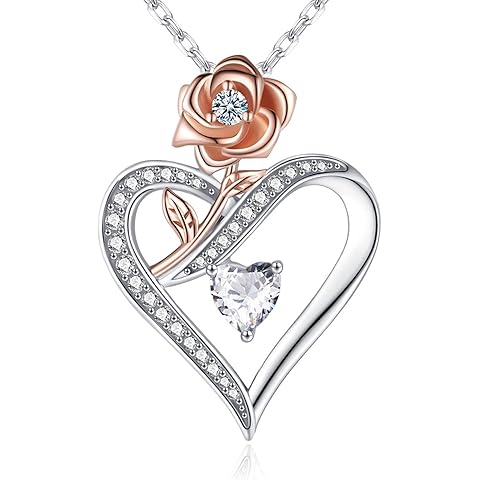 Heart Necklace for Women, Sterling Silver Cubic Zirconia Necklace with Rose, Love Jewelry Gift for Wife, Girlfriend, Mom on Christmas, Valentine's Day, Birthday, Anniversary