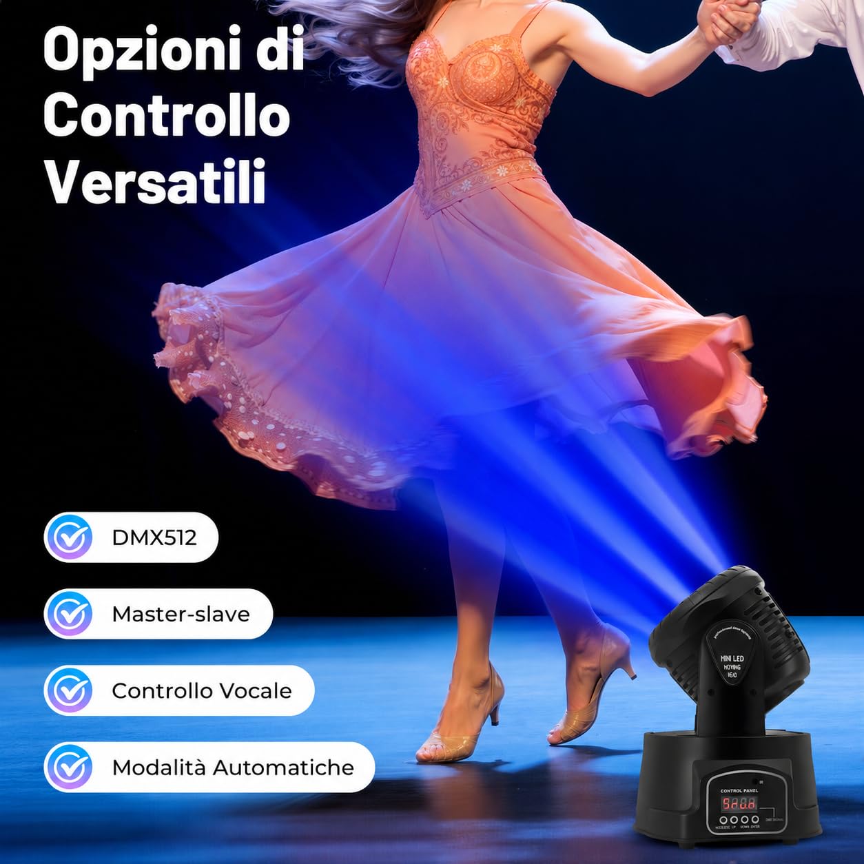 105 W Moving Head LED con telecomando, 7 x 10 W, 4 in 1, luce da discoteca a LED, DMX512, luce da palcoscenico per DJ bar, compleanno, discoteca, matrimonio, cantina da palcoscenico