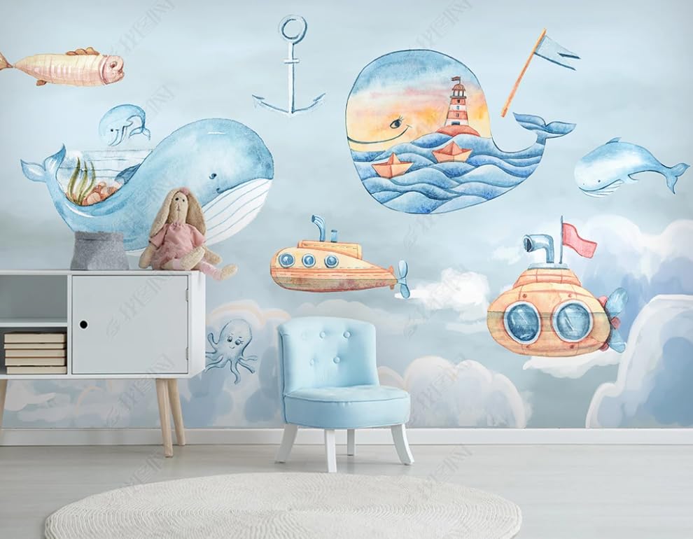 Papier peint intissé ciel nuages blancs baleines poster géant mural décoration salon