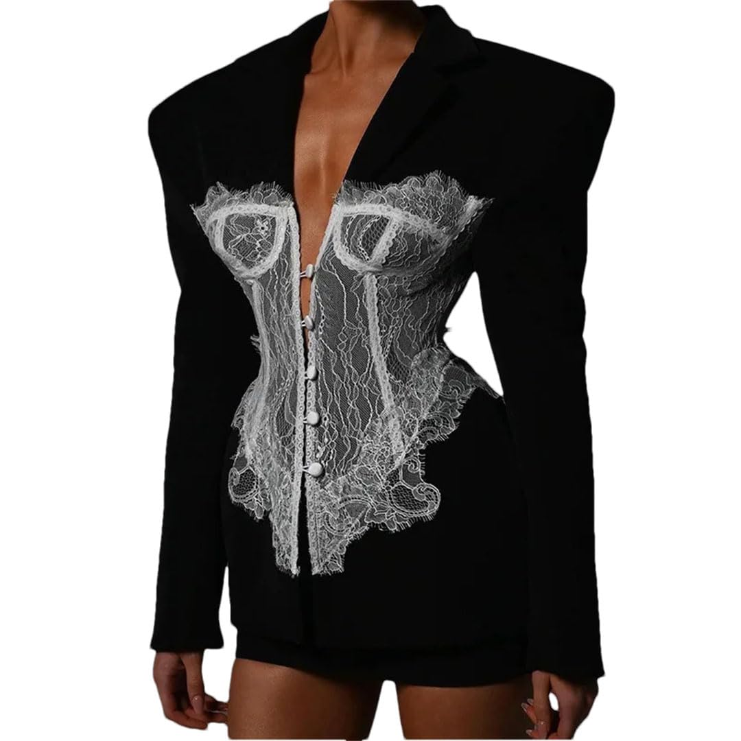 Womens Blazer With White Lace Corset Overlay Structured Coat