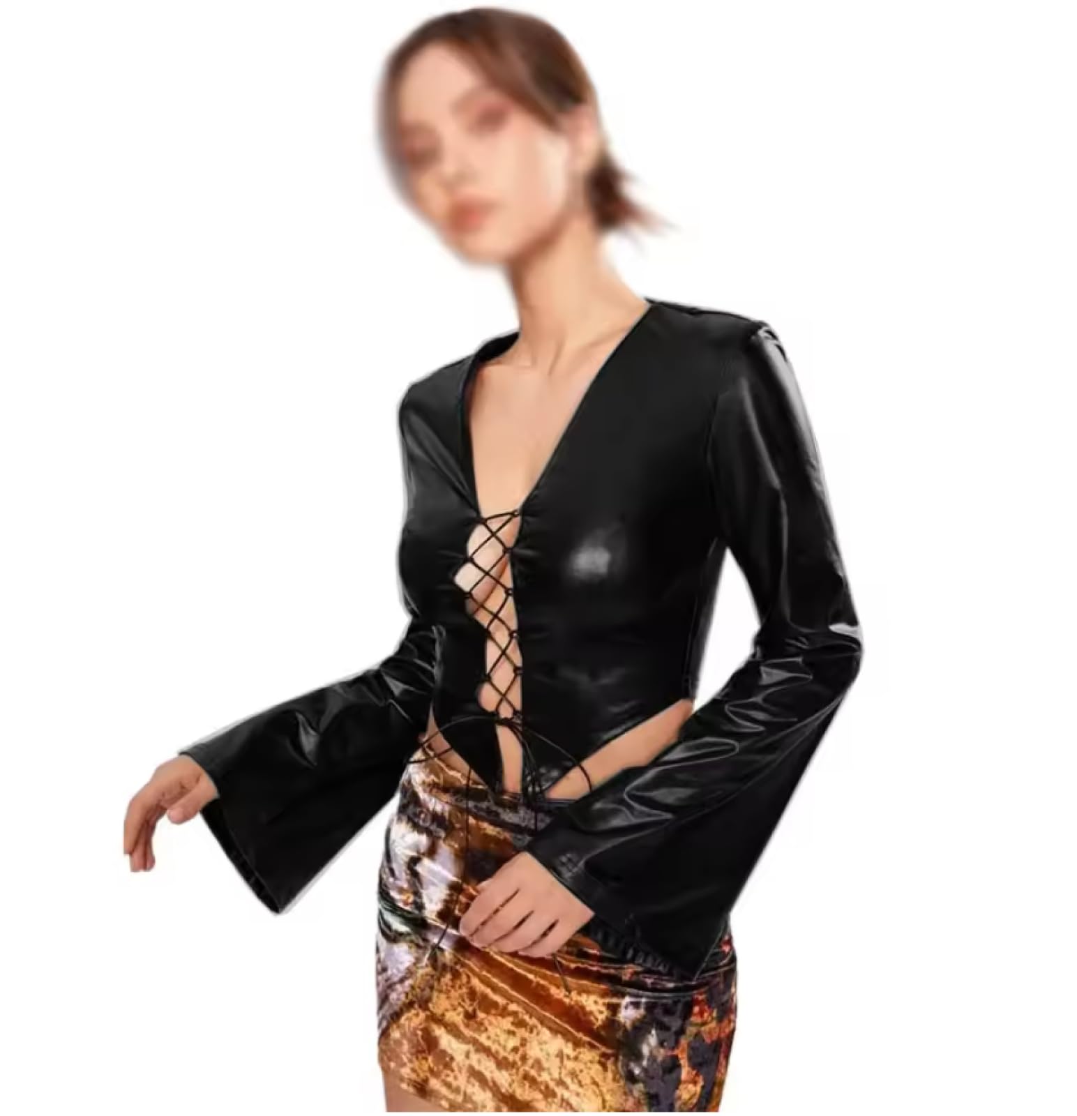 Grande Taille Hottie Lace-up Manches Longues Évasées Métallique Slim Fit Col en V Crop Tops Party Club T-Shirts Personnalisables