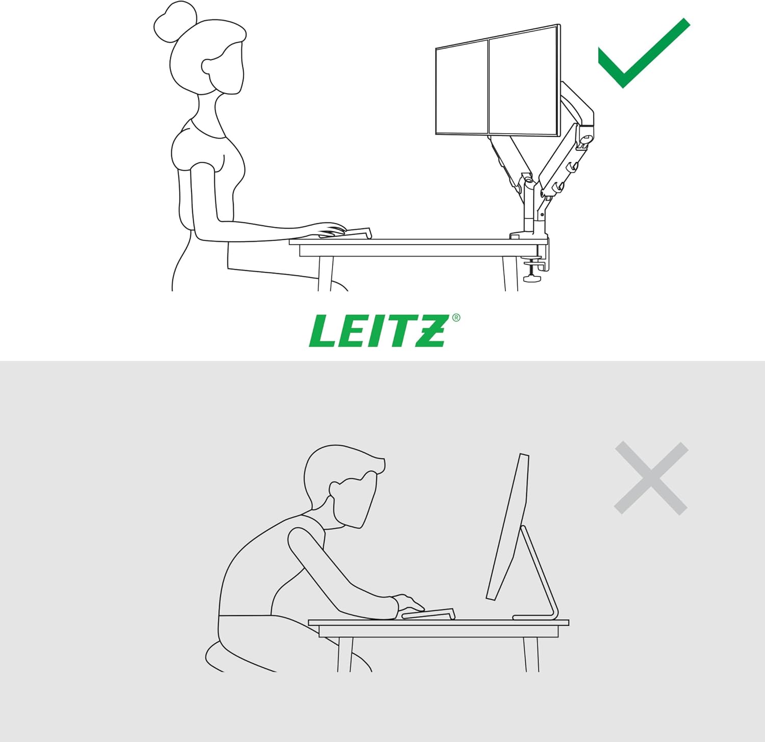 Leitz Ergo 65370085 Space Saving Double Monitor Arm for 17-32 Inch Monitors, Ergonomic Monitor Stand with Left/Right Rotation Function, Tilt Function and 18 kg Load Capacity, Light Grey