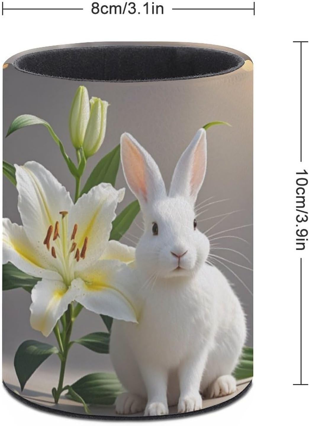 Office White Rabbit And Lilies Desk Organizer Pen Holder Round image 2