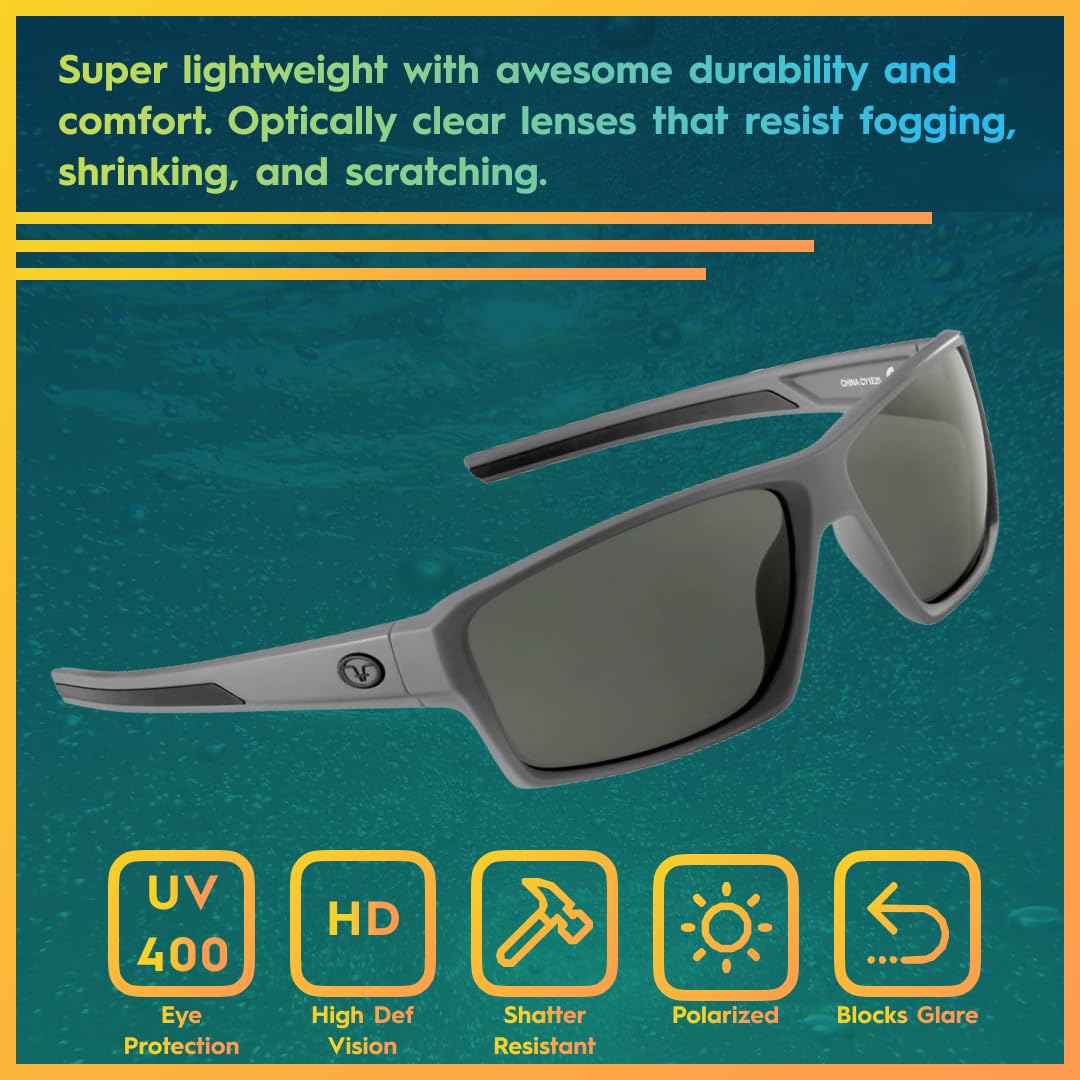 Flying Fisherman Windley - Lentes de sol rectangulares polarizados, marco gris mate/lente ahumado, talla M, Marco gris mate, lente ahumado , Medium